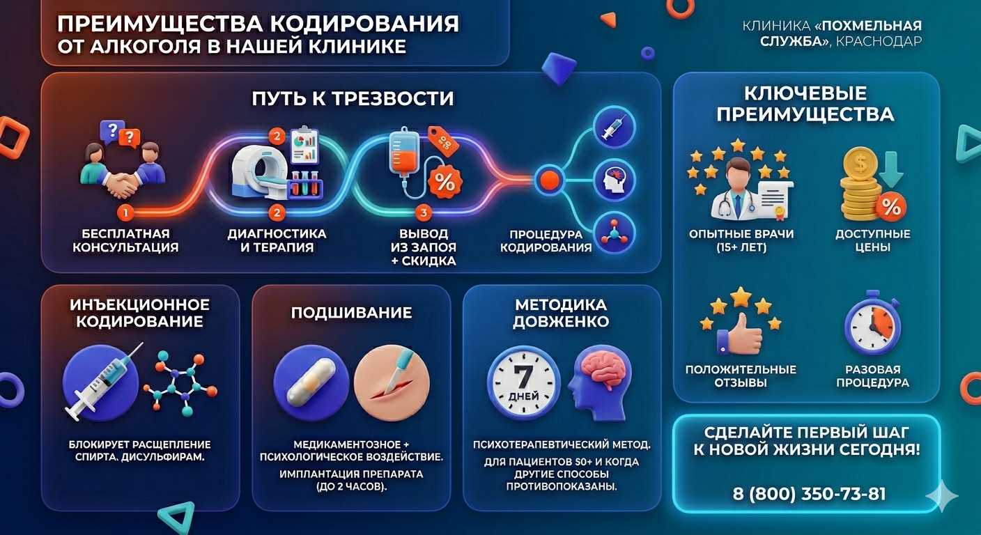 Инфографика о методах кодирования от алкоголя в Чудово: инъекции, подшивание, метод Довженко. Преимущества клиники и этапы лечения.